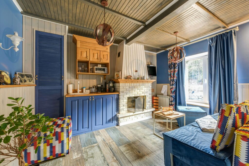 costal living room with blue decor and fireplace