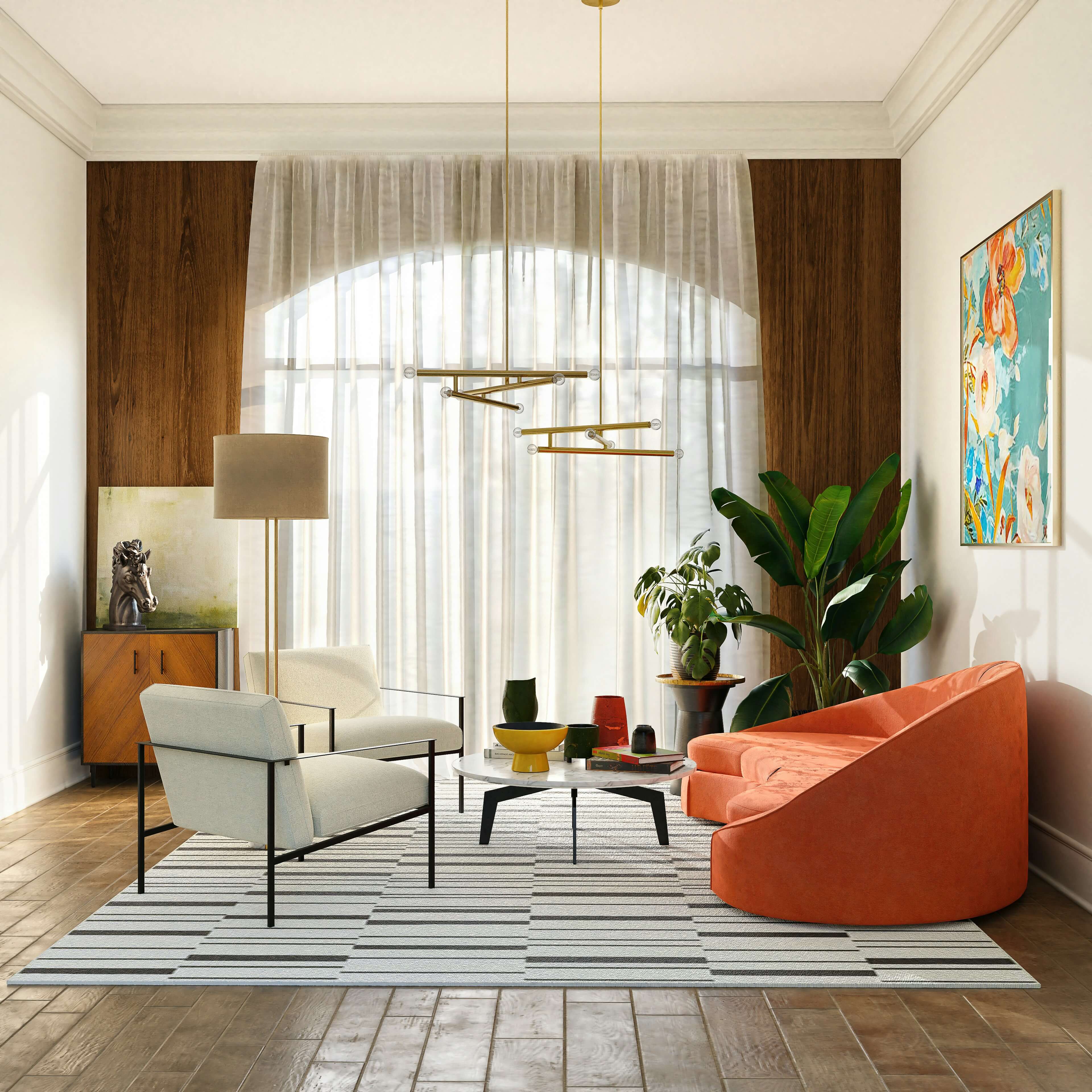 midcentury modern home decor style living room with orange couch and gold decor