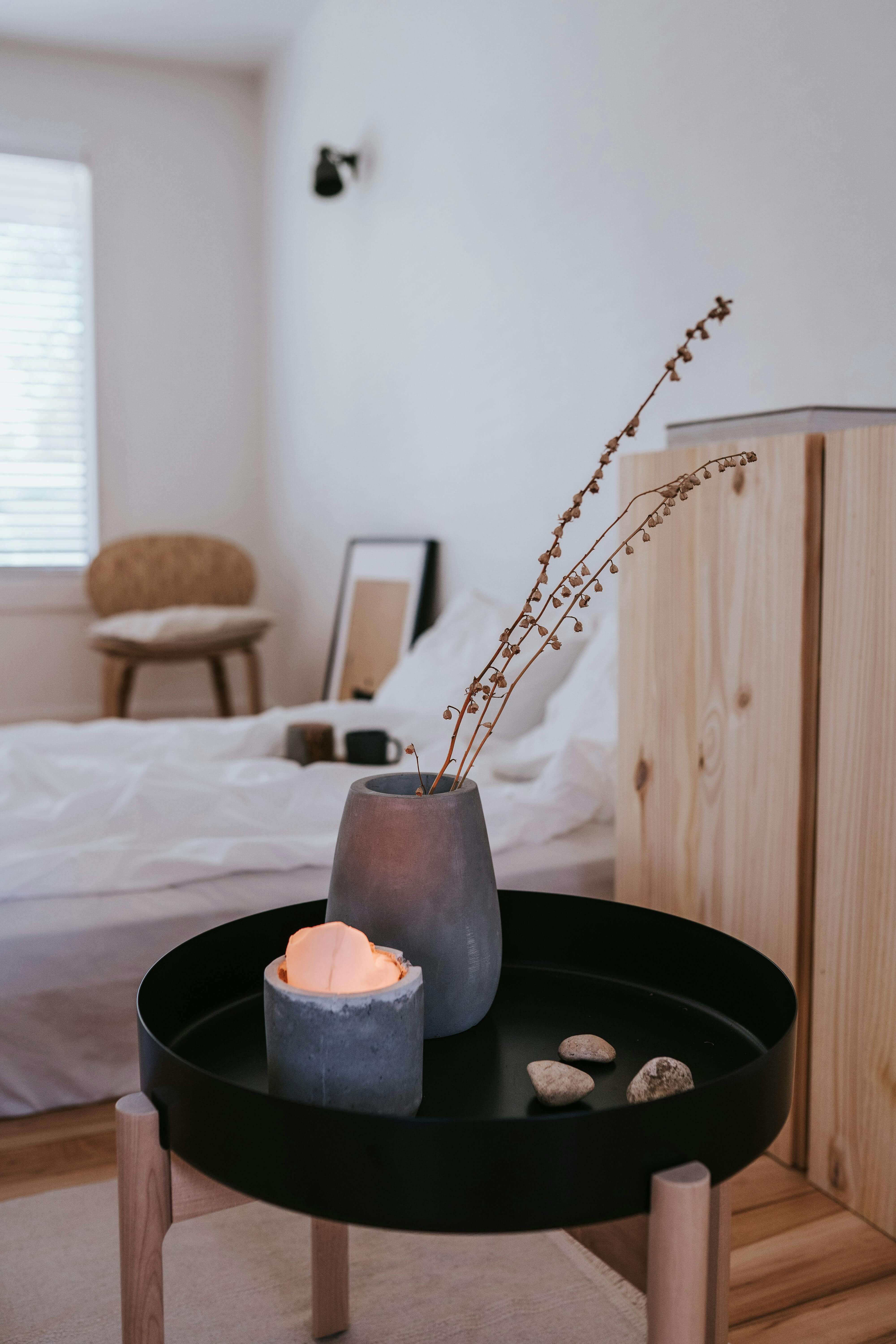 black japandi table with wooden interior