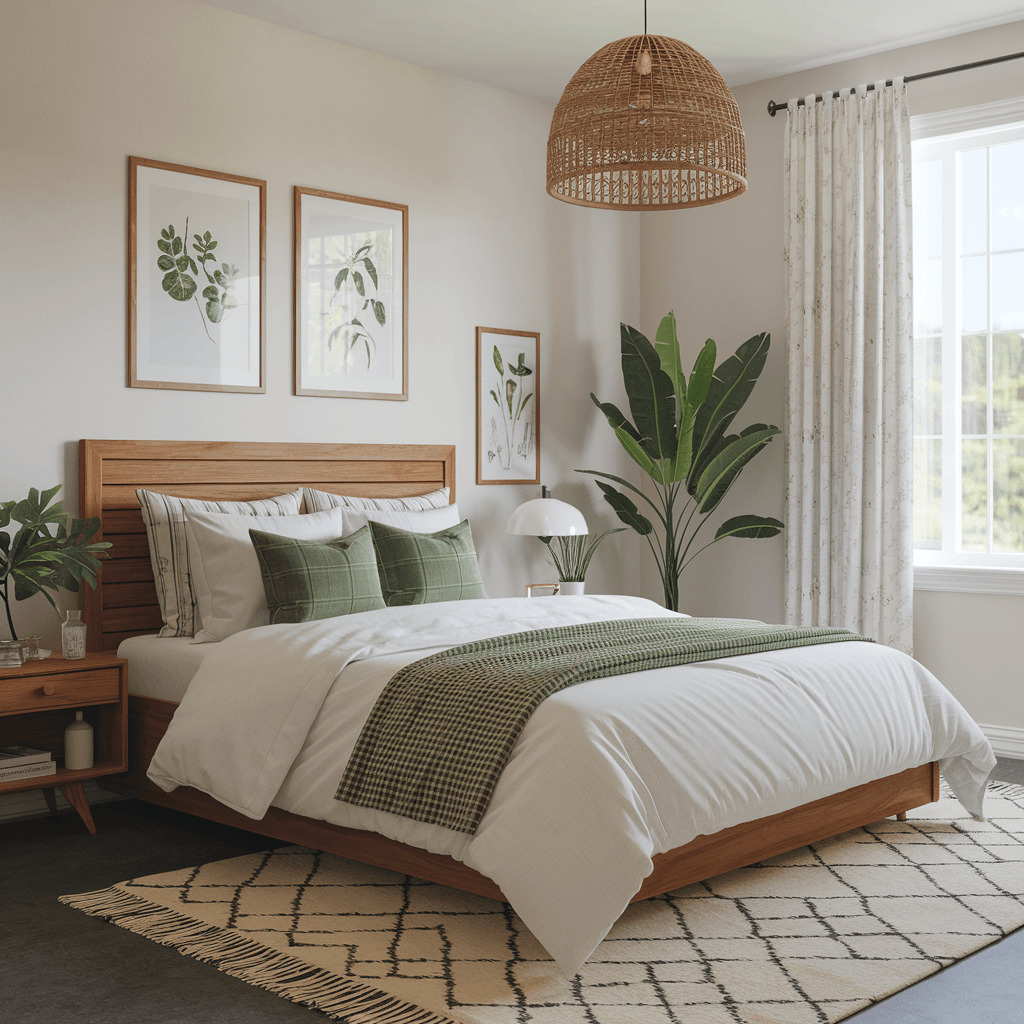 modern eclectic boho bedroom with wooden and rattan furniture and green bedding