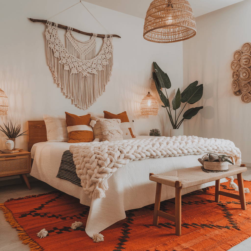 boho bedroom with macramas, wooden natural furniture and different textures