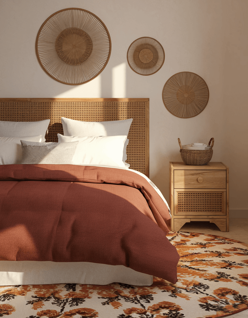 eclectic boho bedroom ideas with dark orange bedding, colorful rug and wooden bed