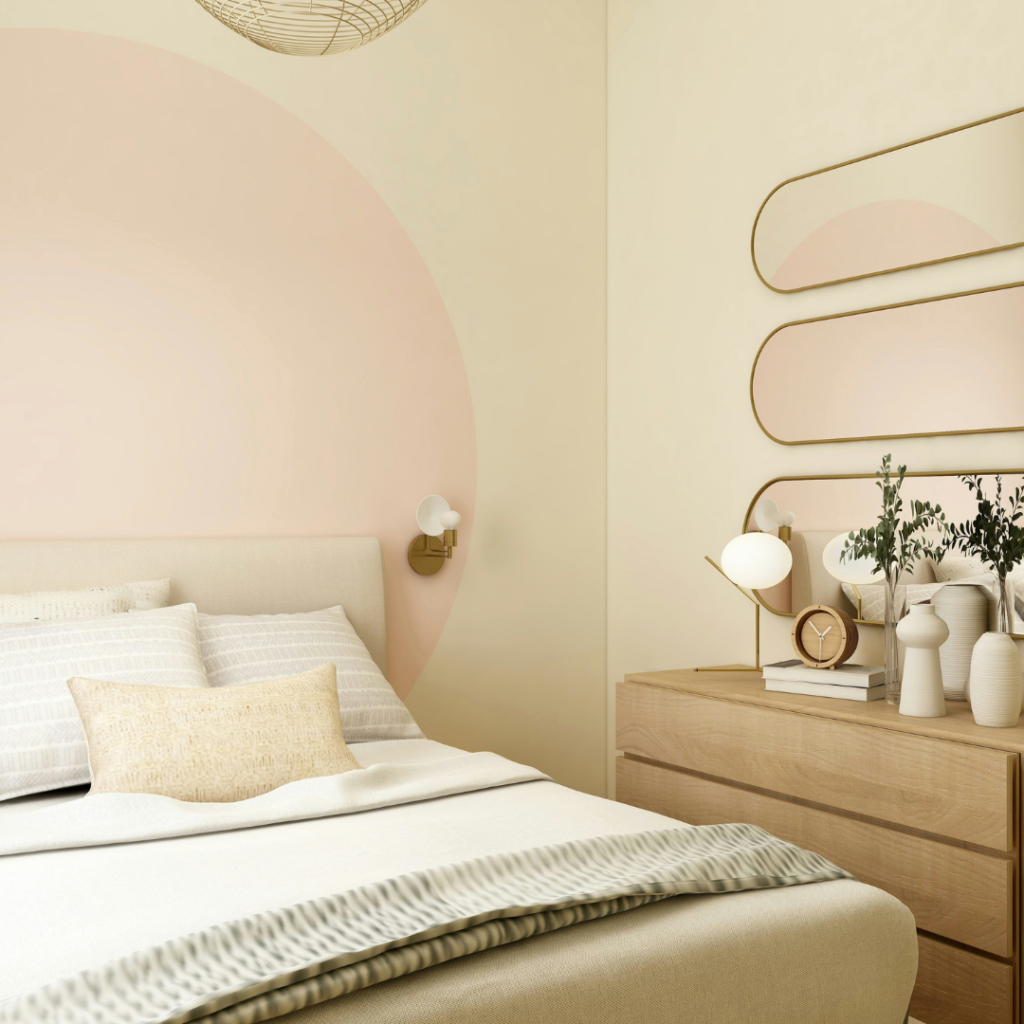 beige simple bedroom with pink accent in the wall