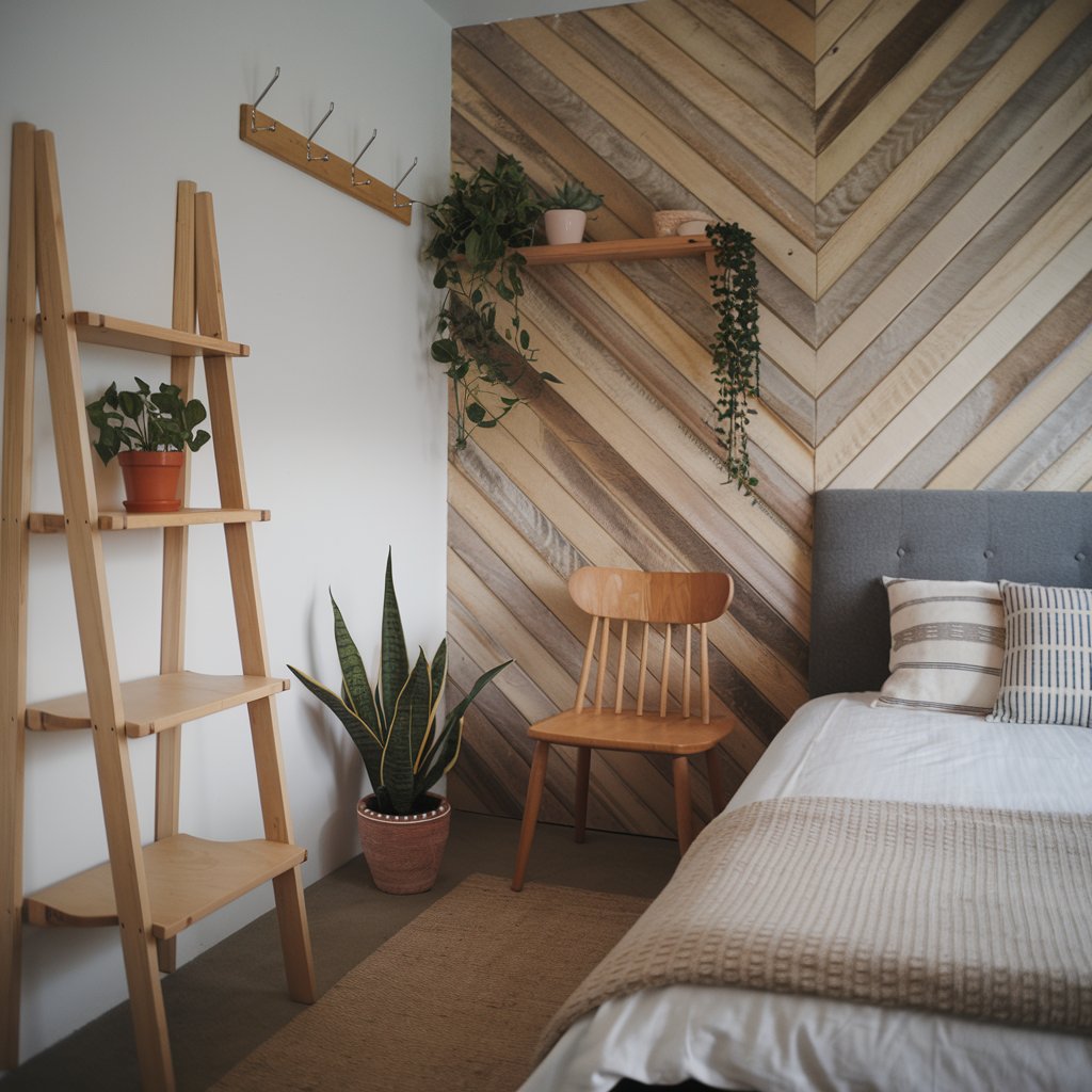 japandi style bedroom with wooden touch