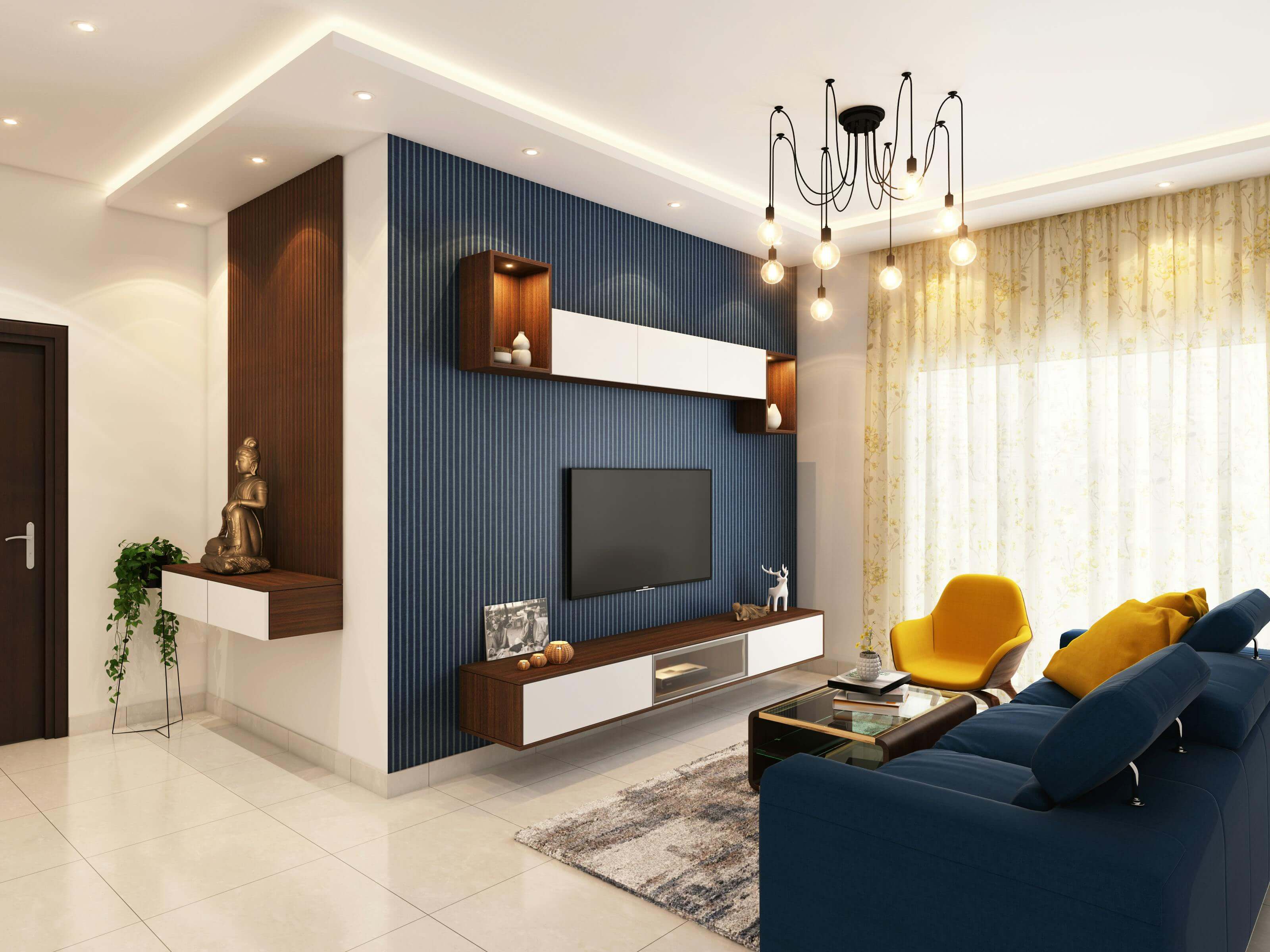 modern living room with statement lighting and blue wall