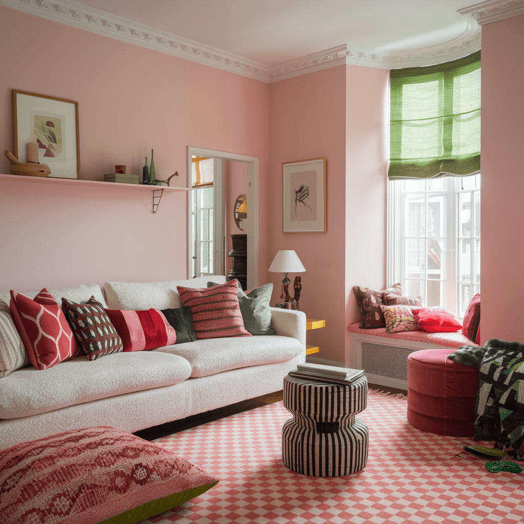 eclectic pink living room with cream sofa
