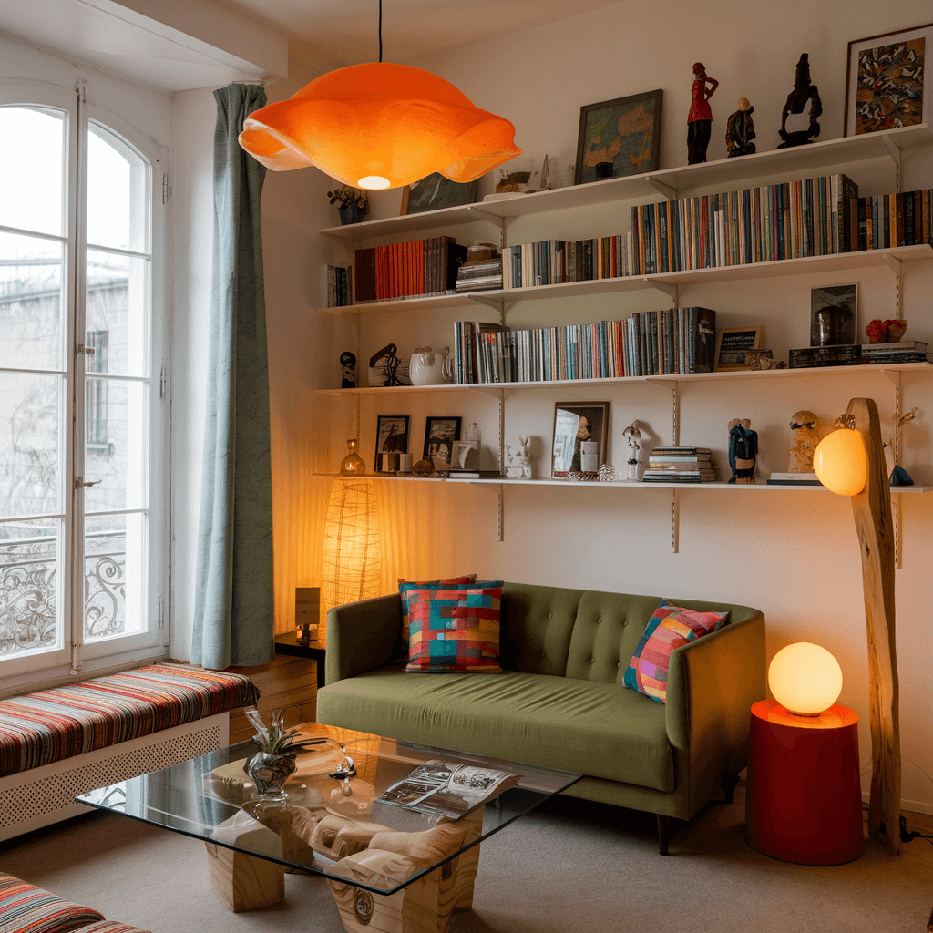 living room with green sofa, book shelves and orange lamps