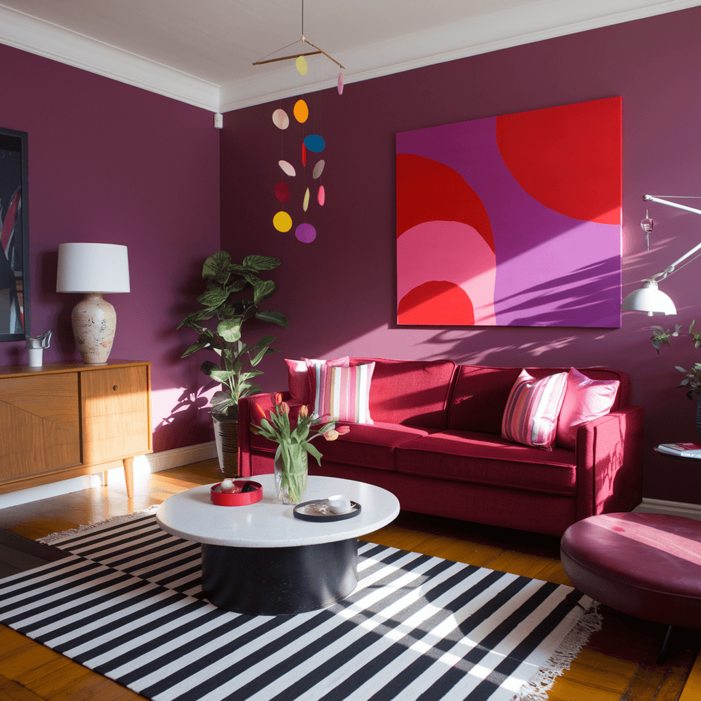 How to make room less cluttered? Eclectic apartment with purpule walls, red sofas and minimalistic approach