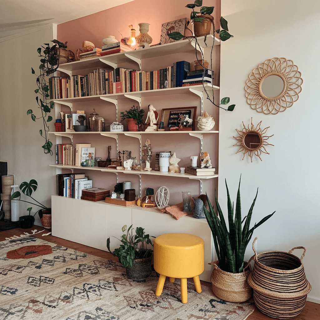 bookshelf on a pink wall filled with books and plants on the side