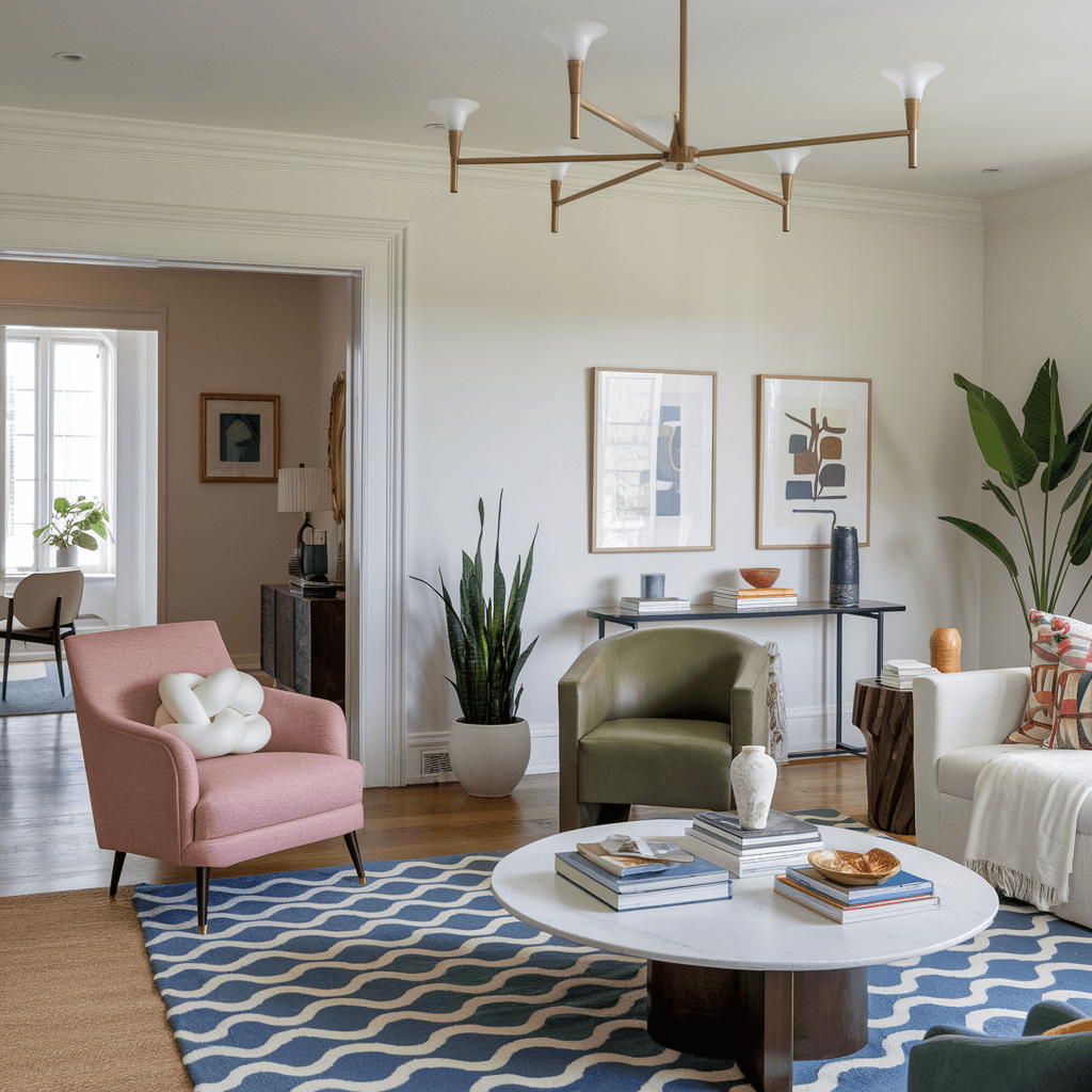 eclectic living room with blue carpet and pink armchair