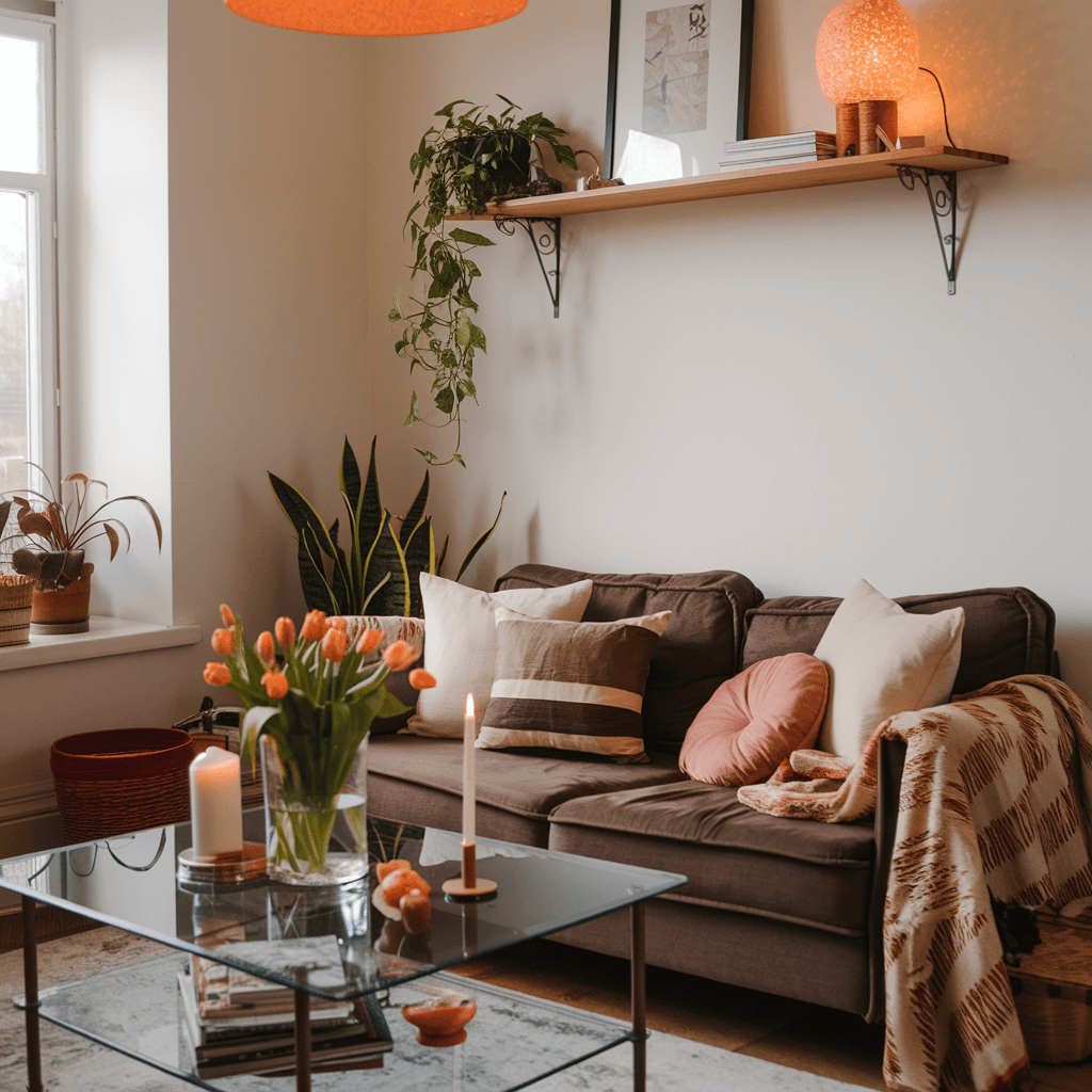 how to make room less cluttered tips photo with brown sofa and throw pillows on it, coffee table in front of it