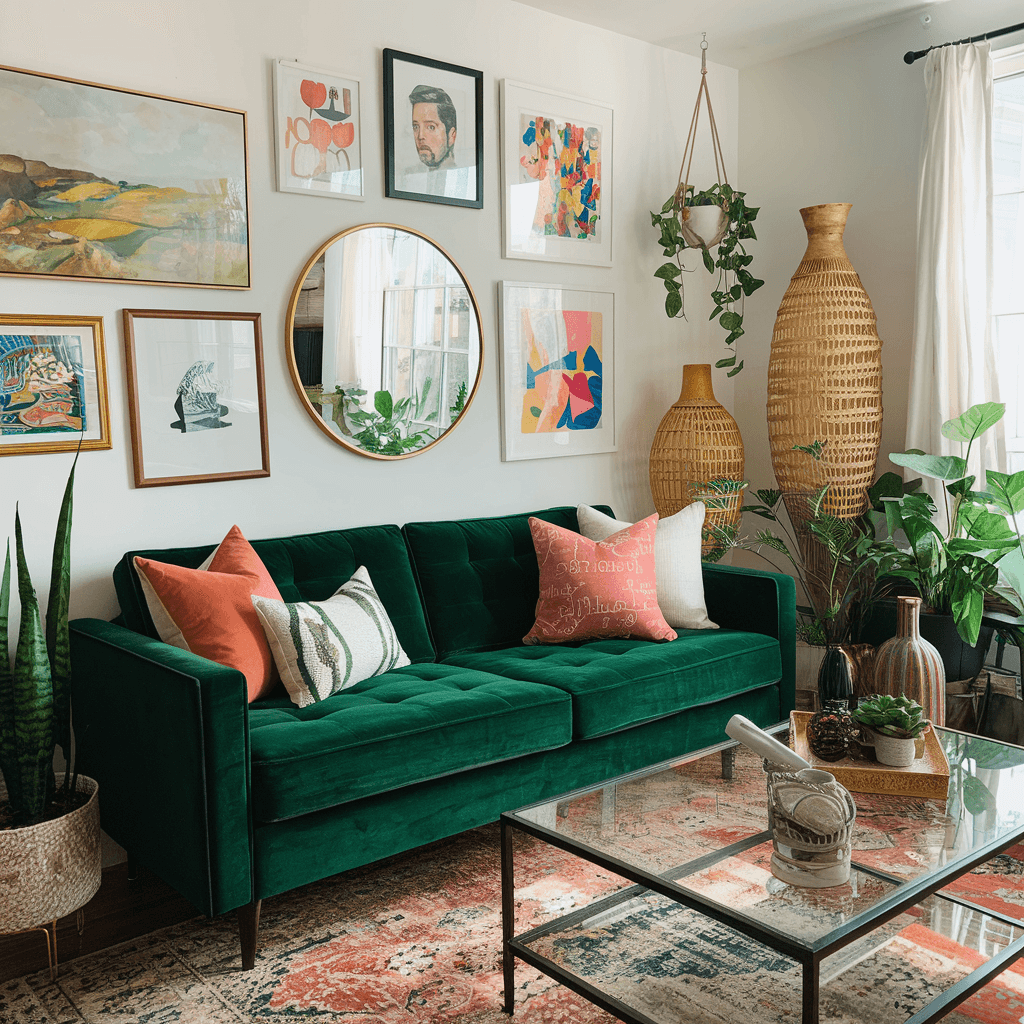 living room with velvet green sofa, wall art gallery and mirror