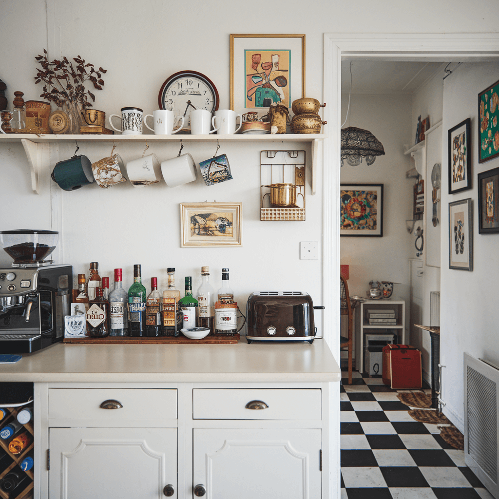 a sneak peak of part of kitchen with coffee bar and a toaster, a bit cluttered