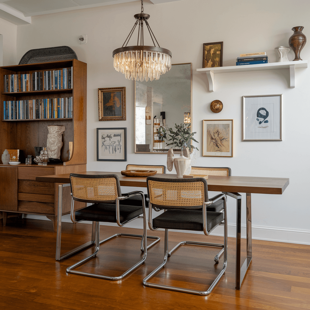 part of an eclectic dining room with vintage vibe, table with modern leather and rattan chairs, bookshelf and a big mirror