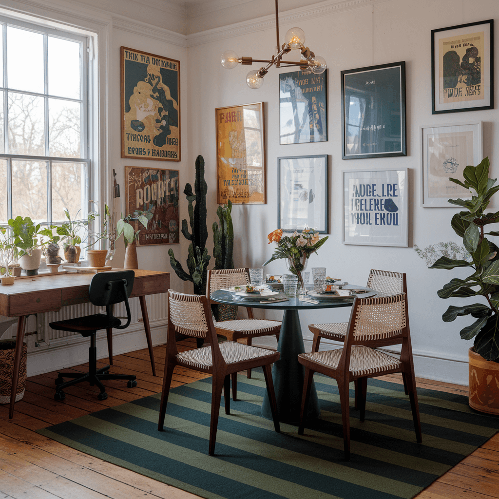 dining room with art gallery wall, dining table and a big window