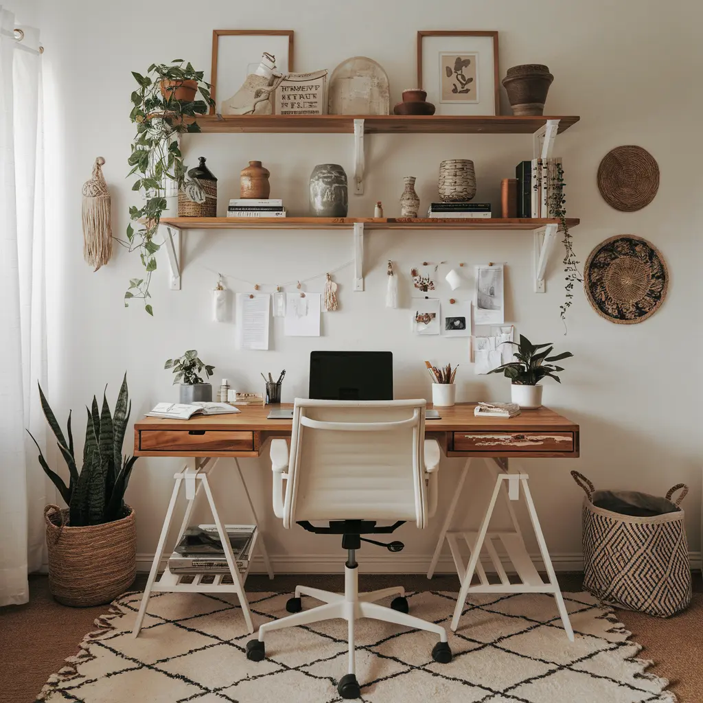 boho vibe home office with wooden desk, rattan decoration and affordable home office organization essentials on the desk