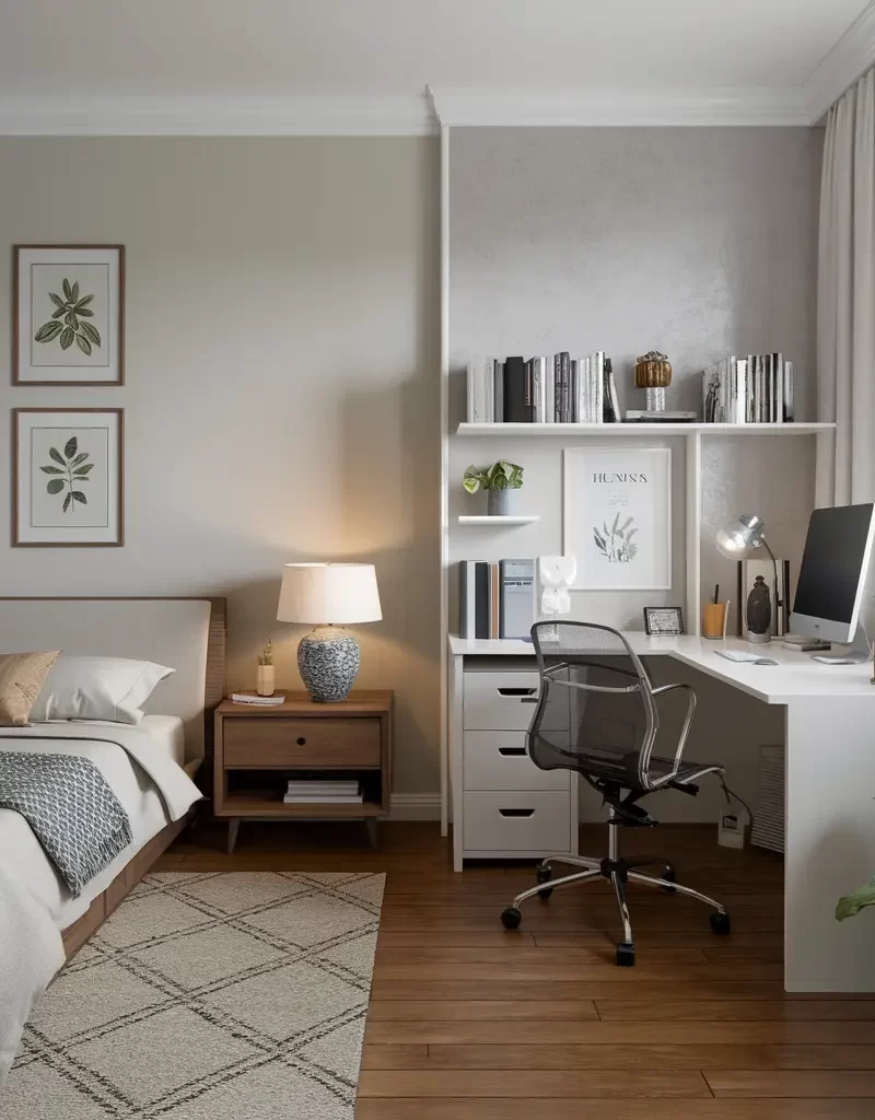 bedroom home office ideas - on the left bed with neutral bedding, on the right, desk with storage and floating shelves