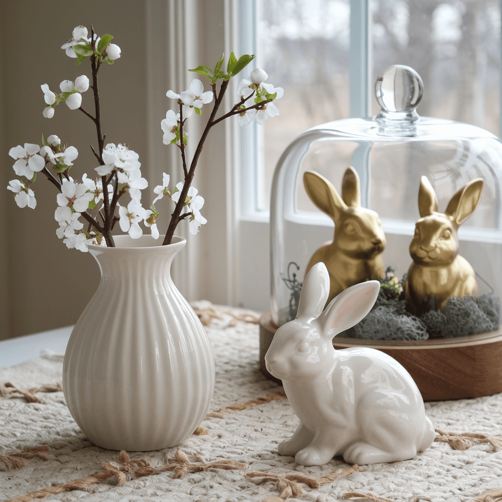 easter bunnies - gold and white next to the cherry tree branches