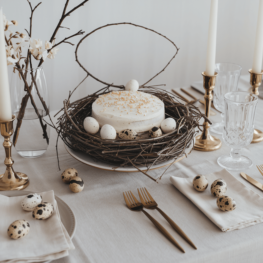 easter cake with wooden branches all around, small eggs on an easter table