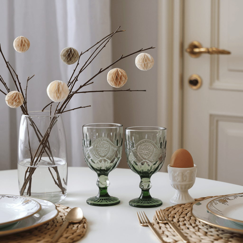 branches with paper decor on a table, green glasses