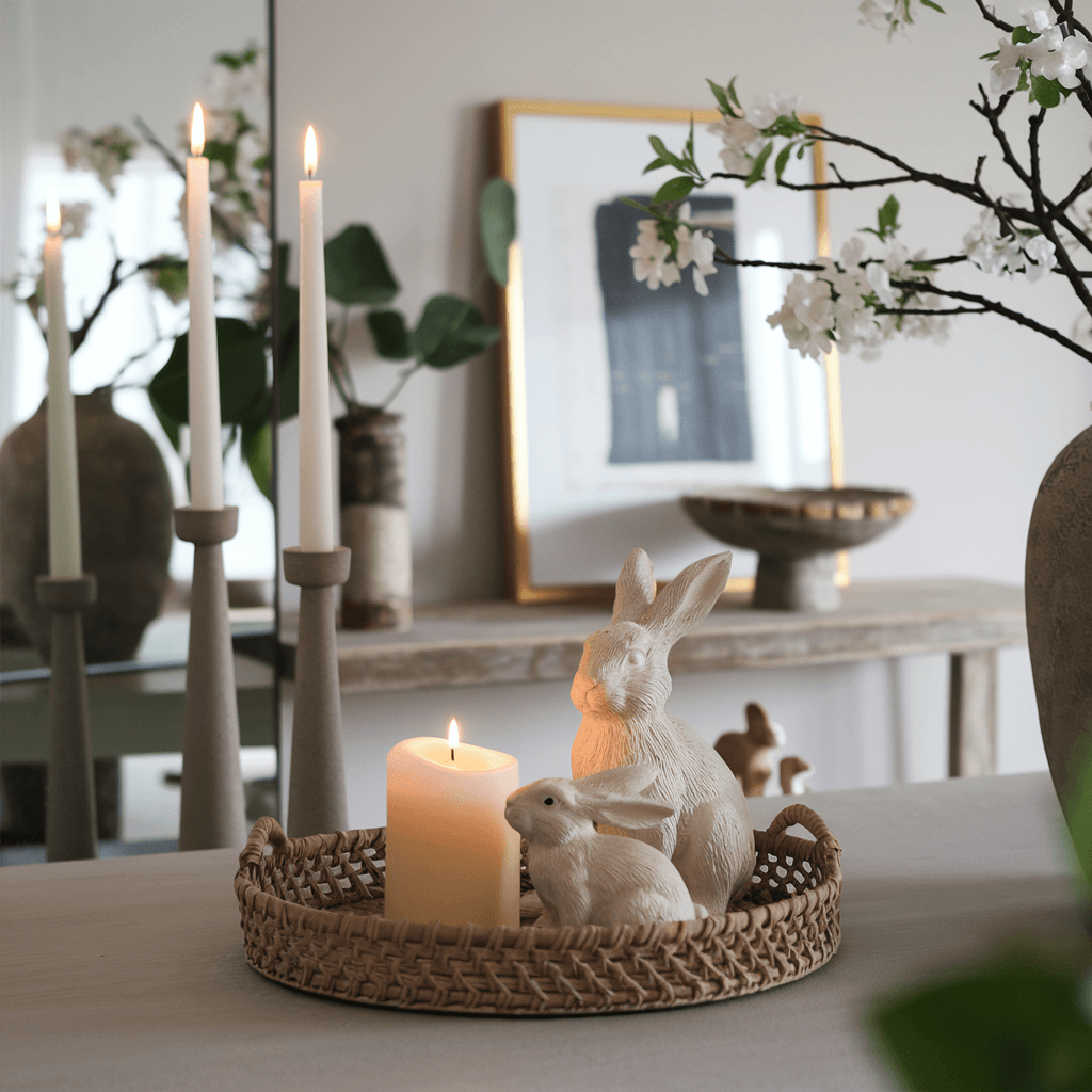 figurines of easter bunnies next to the candle