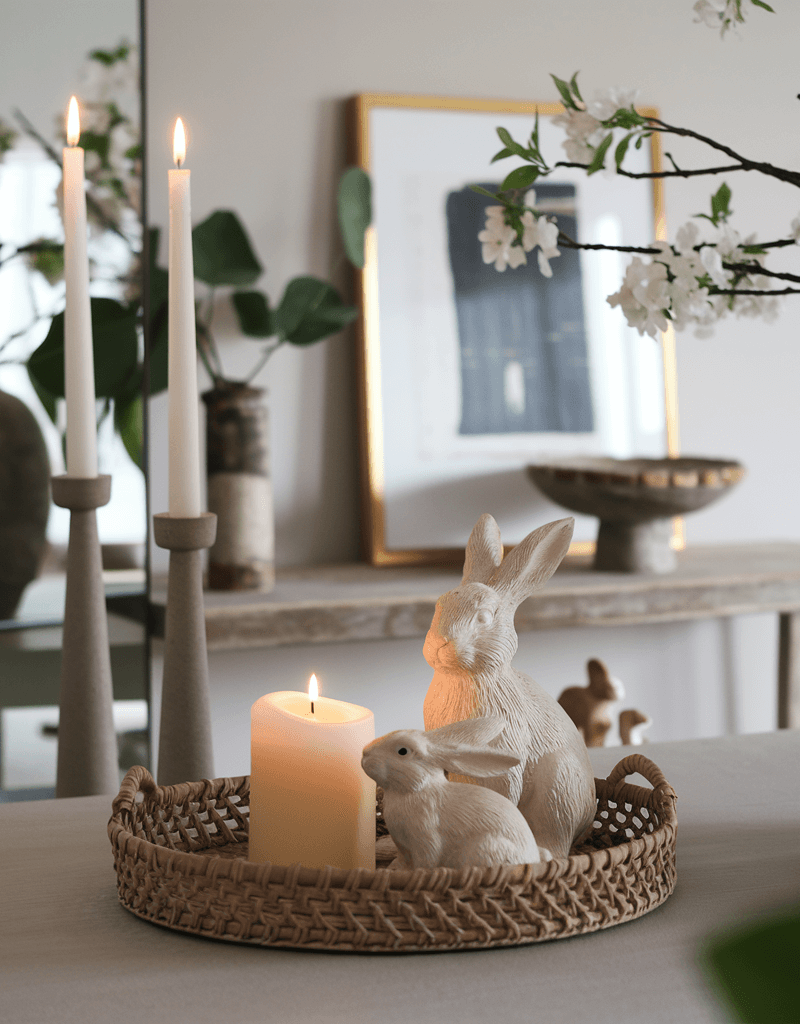 easter tray with bunny and candle in an elegant living room