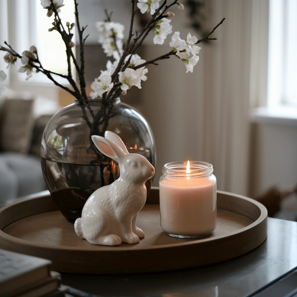 classt decor easter ideas porcelain bunny, candle and a branches with white flowers