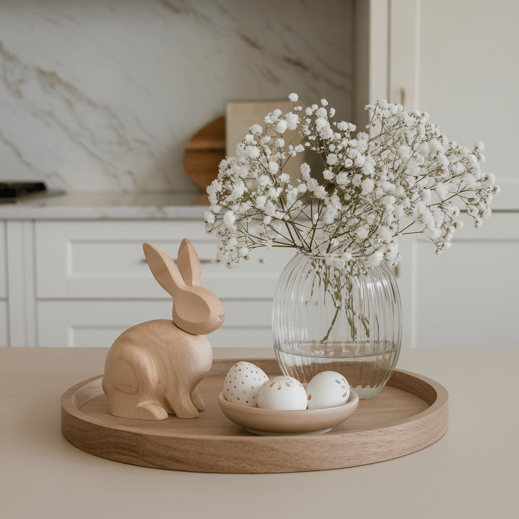 wooden bunny, easter eggs and white flowers