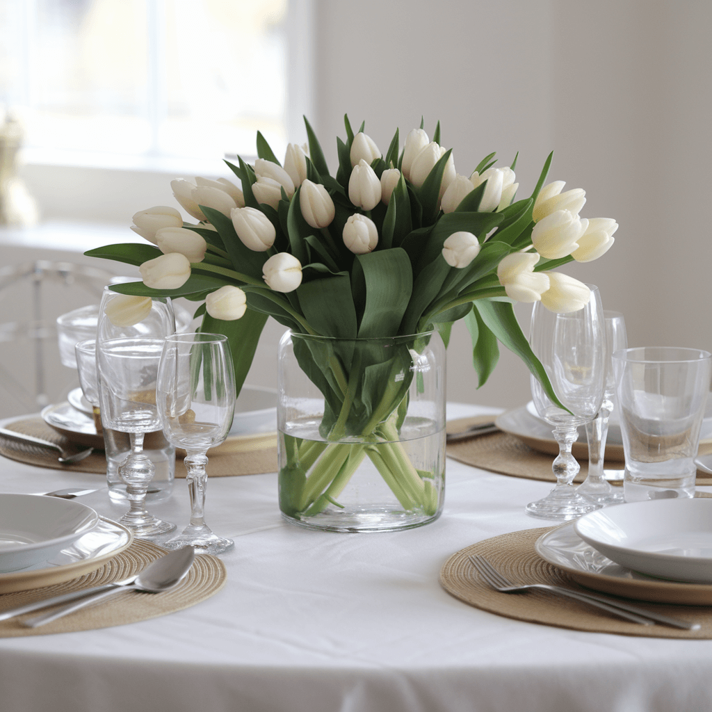 bouquet of white tulips in a glass vase