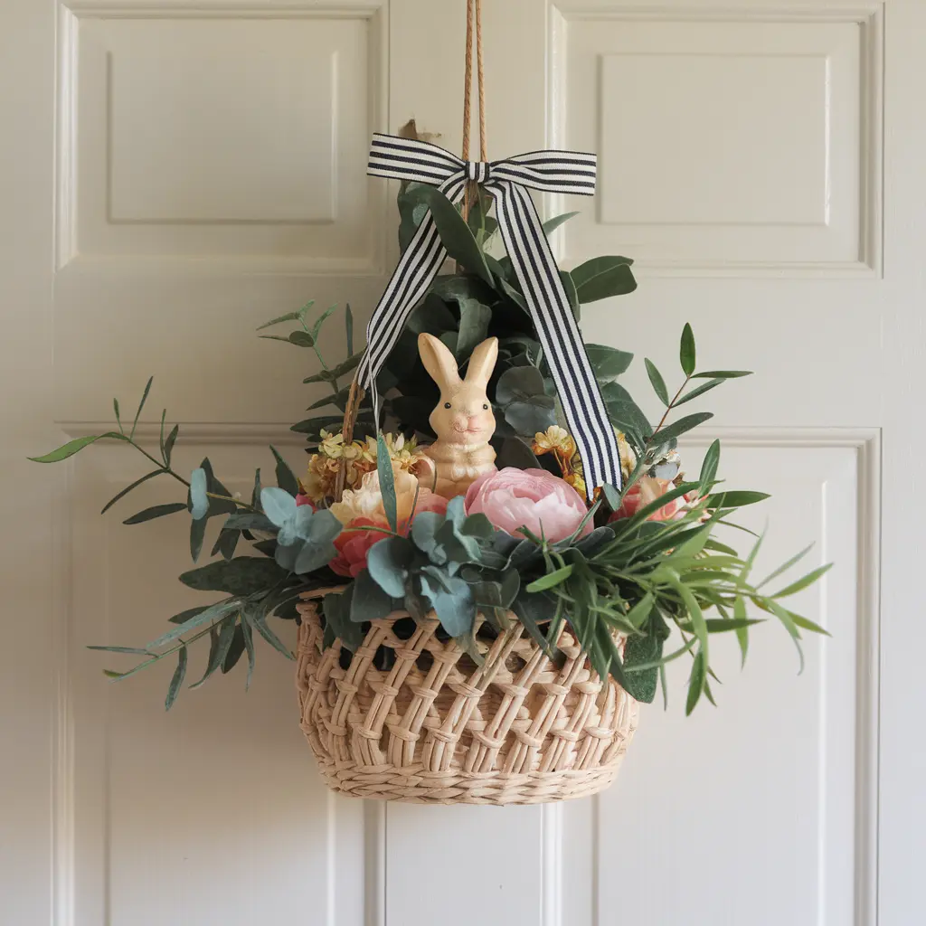 easter basket hanging on the door as a decoration with easter bunny and flowers in it