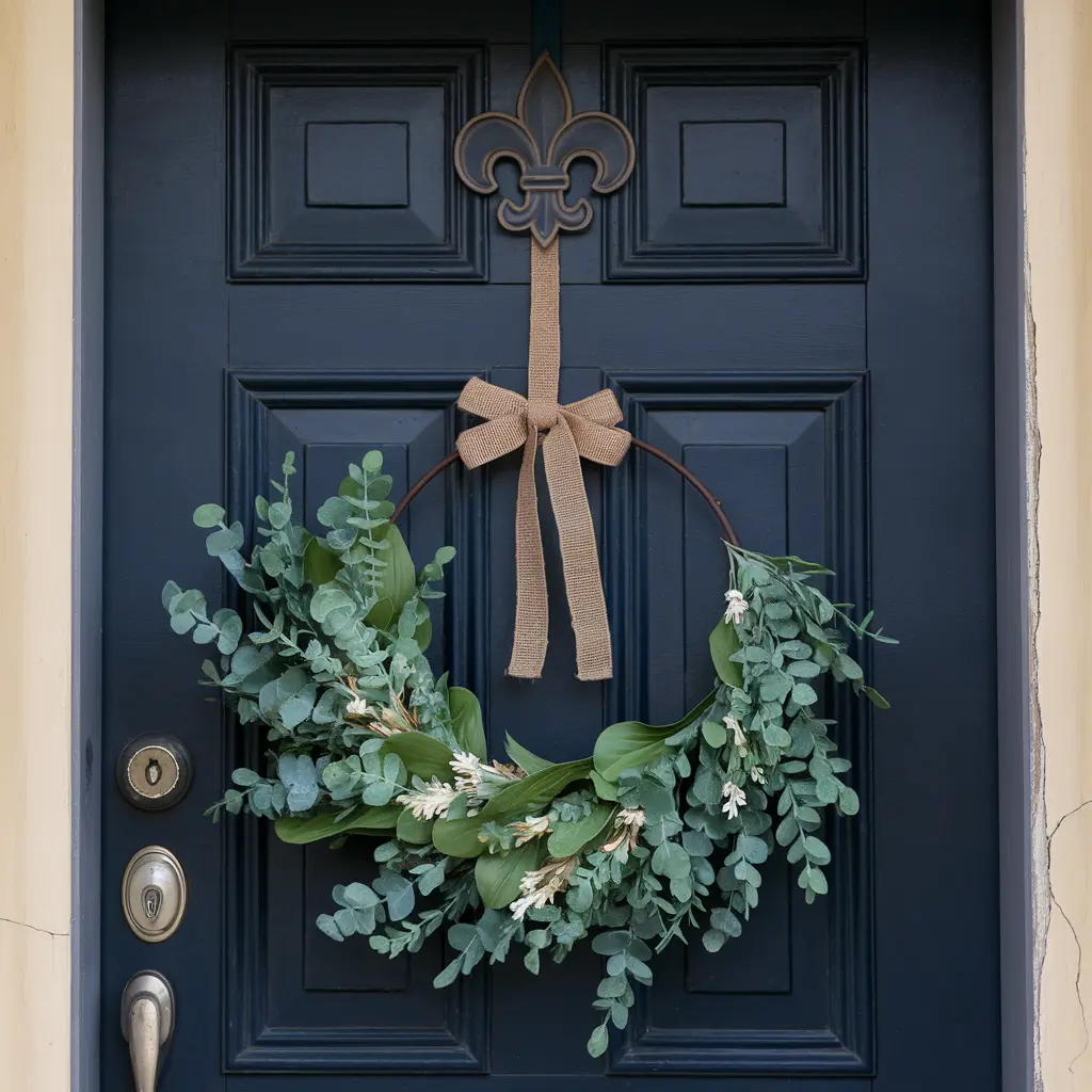 minimalist wreath on a dark blue door