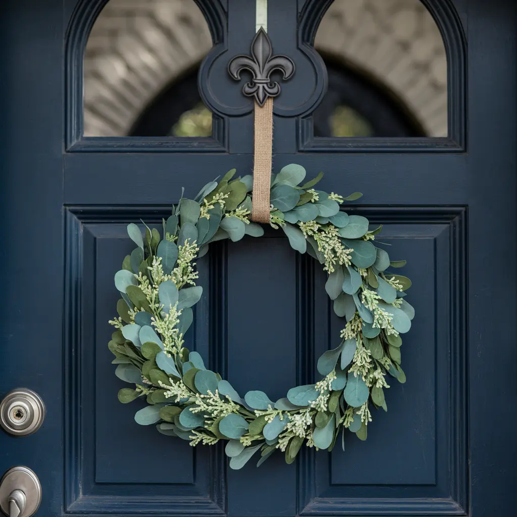 eucaliptus only wreath minimalist on a dark blue door