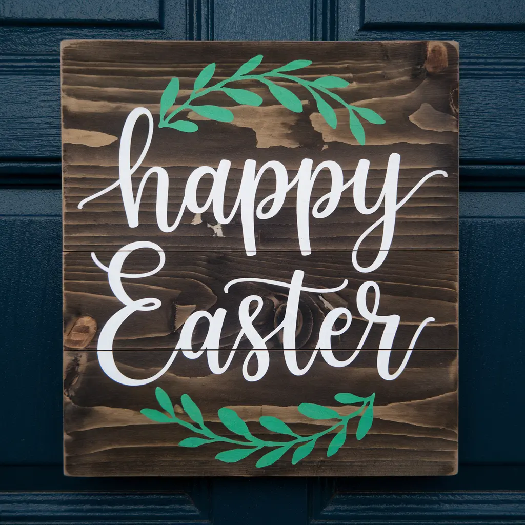 wooden board with "happy Easter" written on a dark blue door