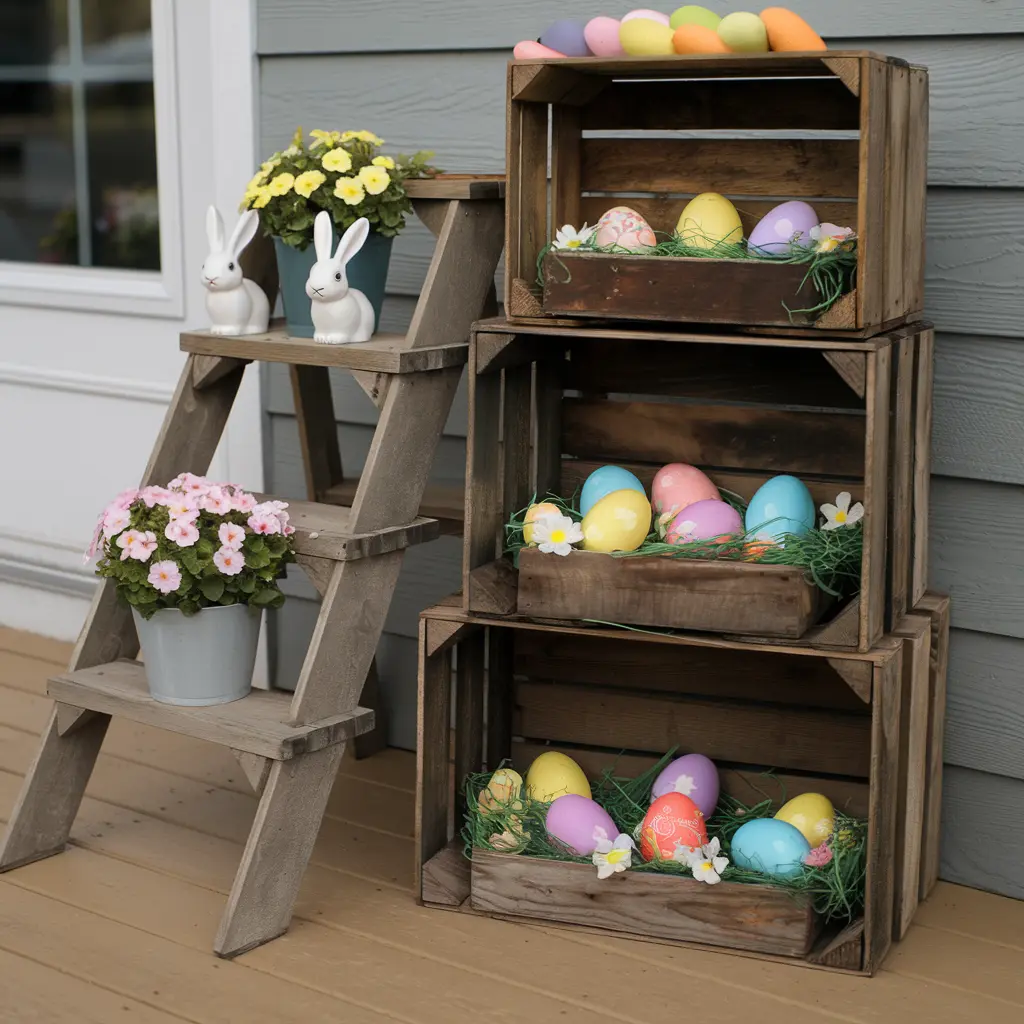 front porch easter decoration - colorfull eggs and a small wooden ladder with flowers and bunnies