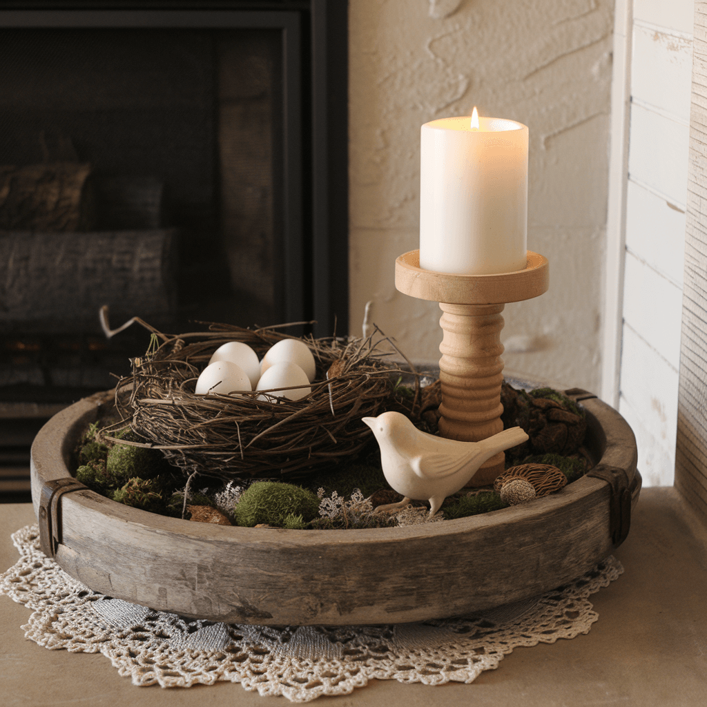 easter tray with white candle, nest with eggs and bird figurine