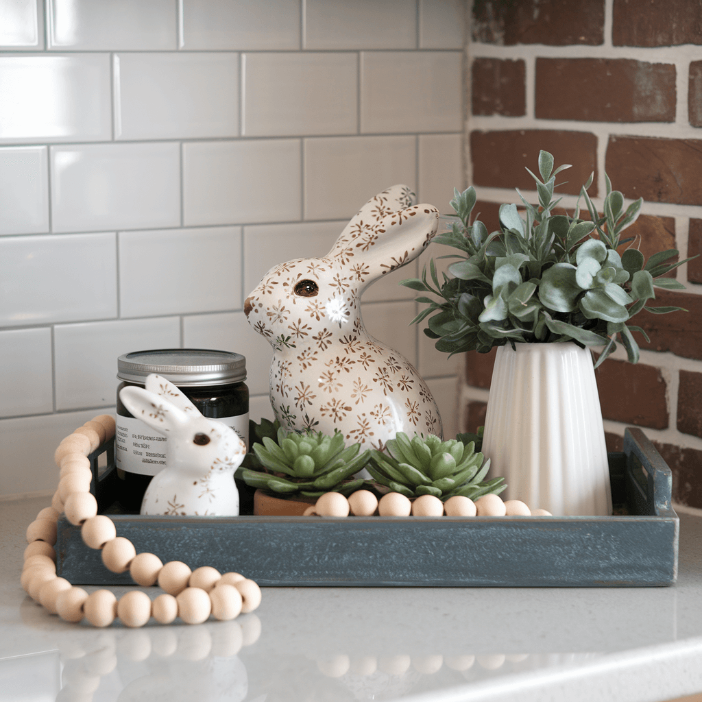 tray with white bunnies, a candle and a plant