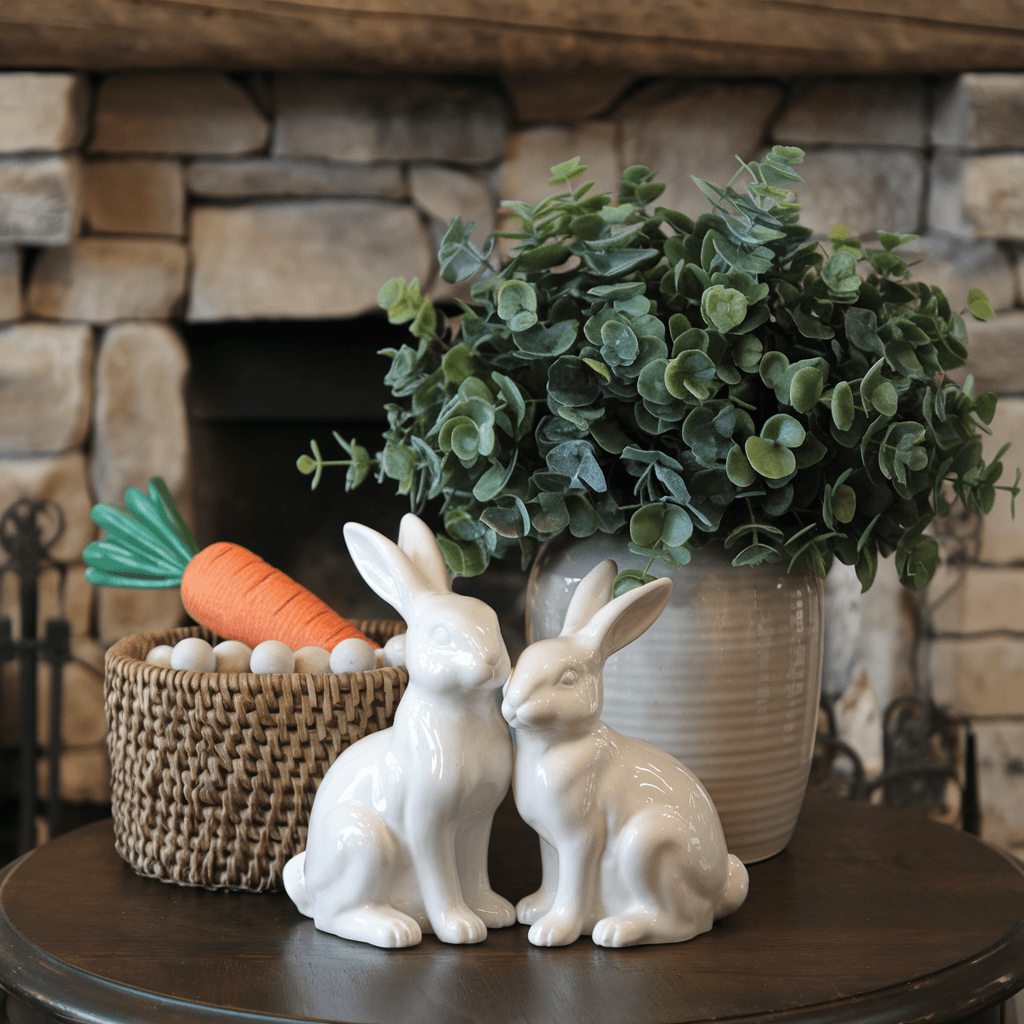 two bunnies figurines, carrot and eggs in the basket and a green leaves bouquet in a creamy vase