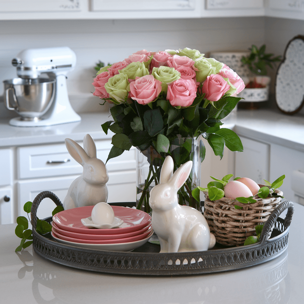 easter tiered tray ideas with pastel roses bouquet, bunny figurines, small egg basket and pink plates