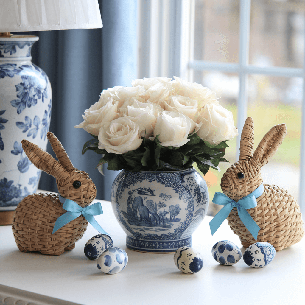 elegant vintage easter decor - two wooden bunnies, bouquet of white roses and blue and white vase, blue and white eggs next to it