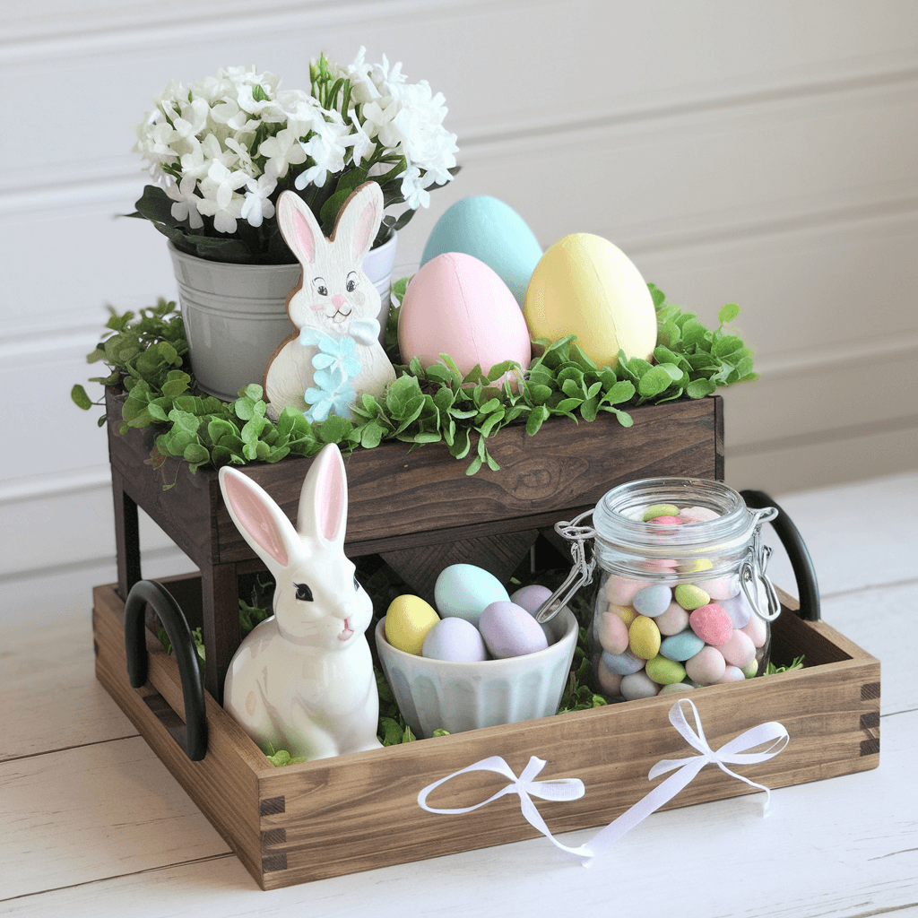 easter tiered tray with pastel colorful eggs, bunnies figurines and a candies jar