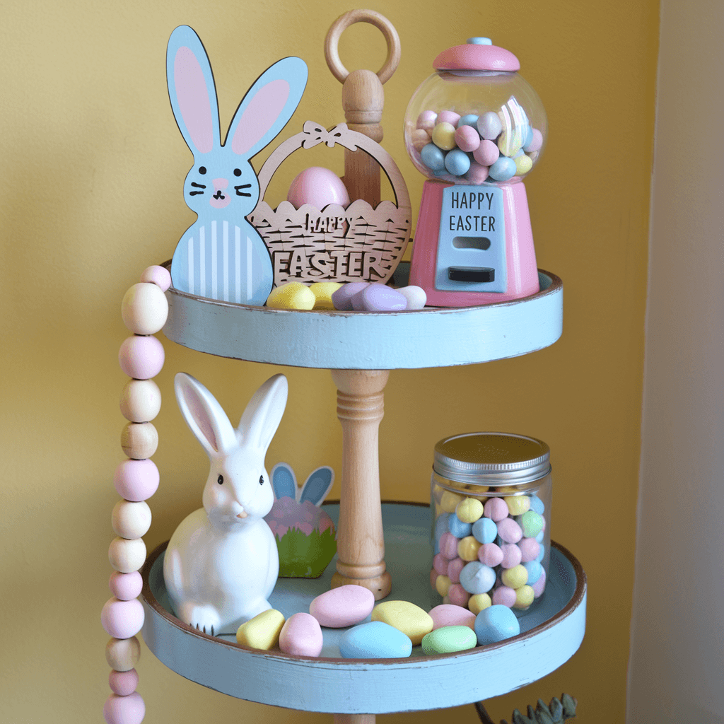 candy easter tiered tray in pastel colors