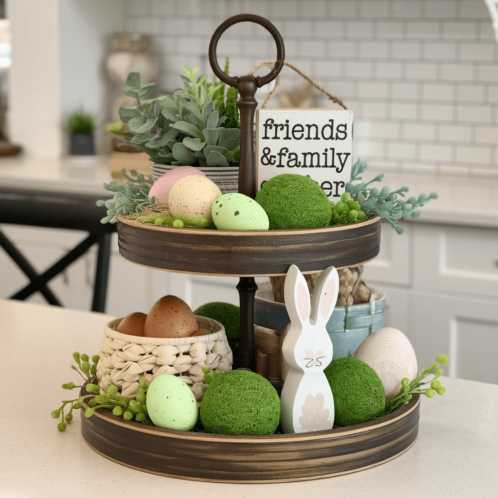 easter tiered tray with wooden bunny, eggs and moss balls