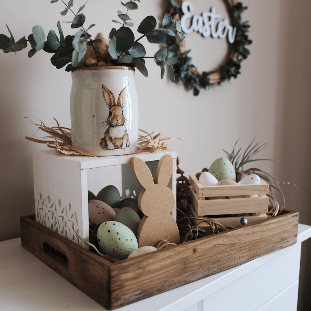 farmhouse easter tray with wooden bunnies and eggs