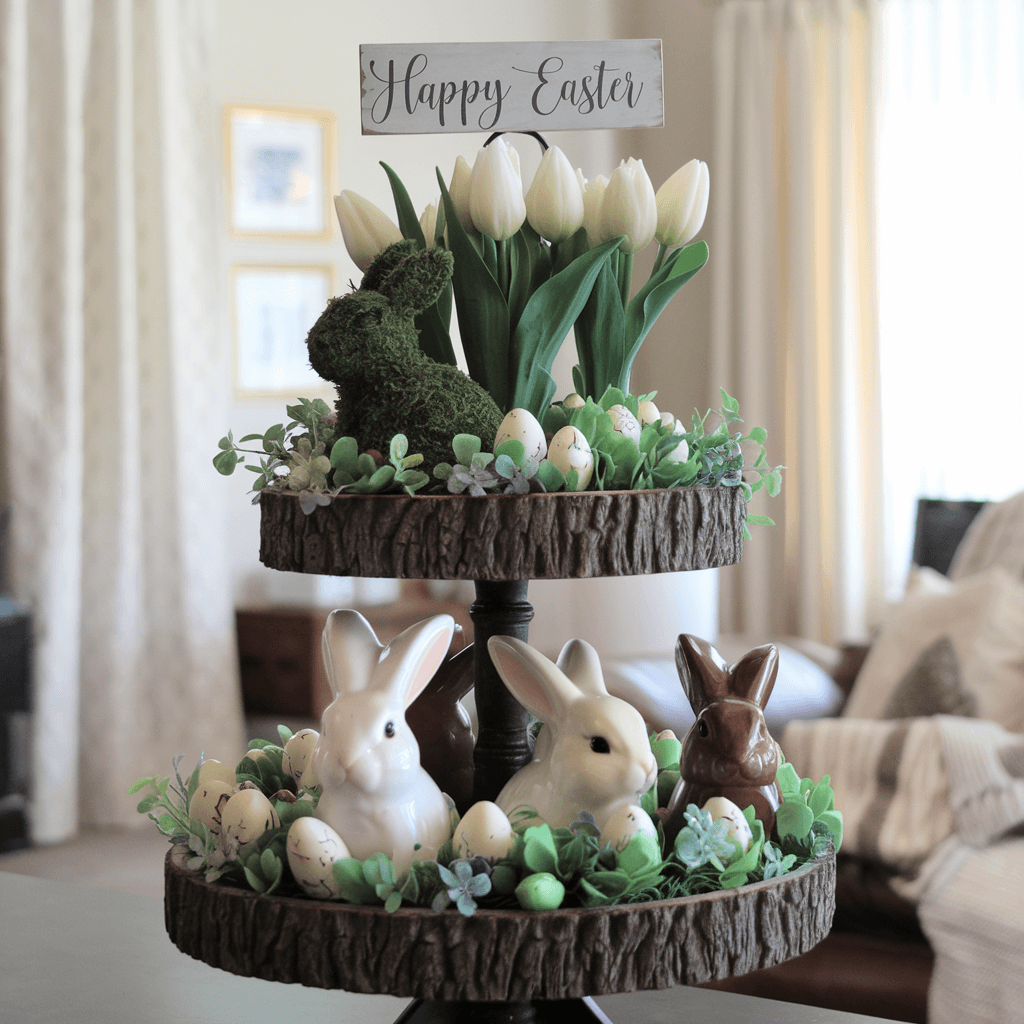 wooden natural easter tiered tray with ceramic and chocolate bunnies