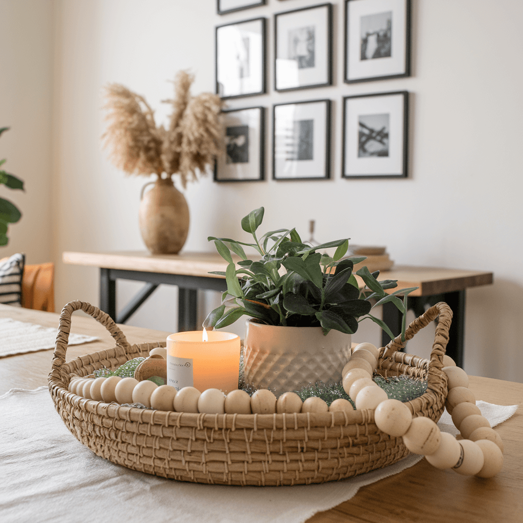 minimalist basket with candle and a plant