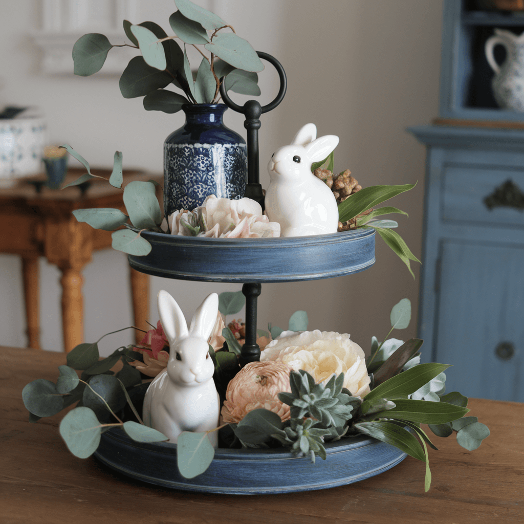 tiered tray with blue ceramic vase, flowers and white bunnies